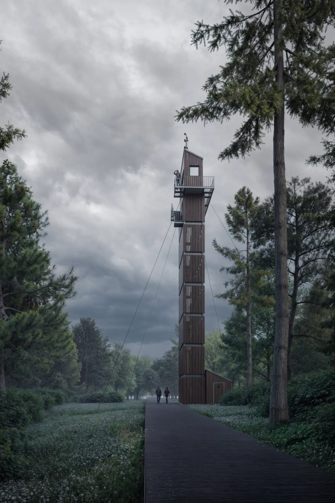 Exterior visualisation of the timber observation tower at the end of a boardwalk through the meadow, under an overcast sky.