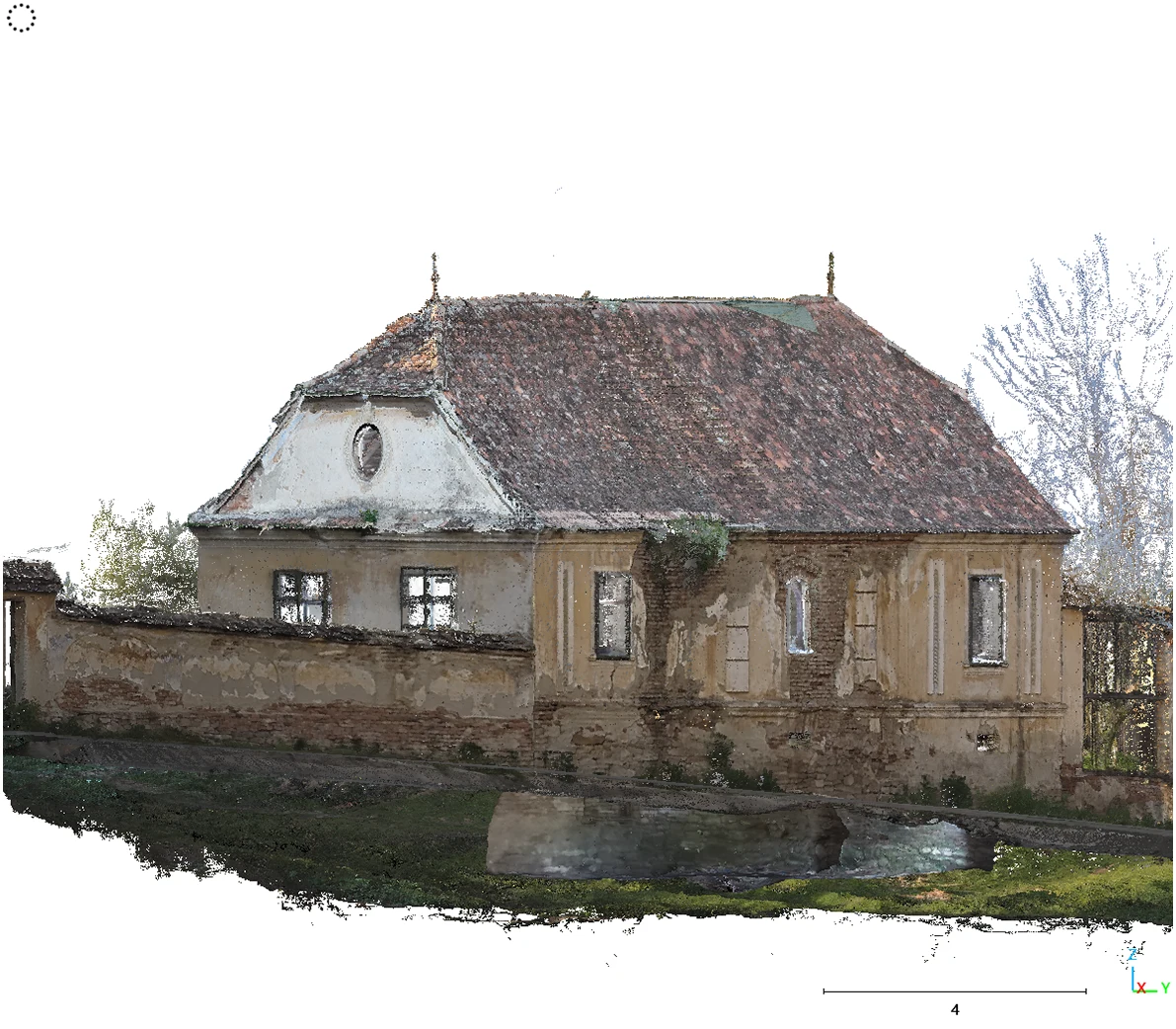Point cloud: the street front, with its hipped roof, oval dormer and courtyard wall.