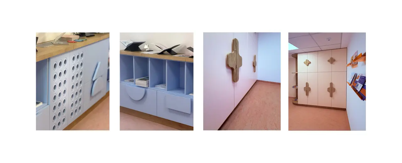 Photographs of the completed work: blue furniture with perforated fronts and pink furniture with cross-shaped wooden handles
