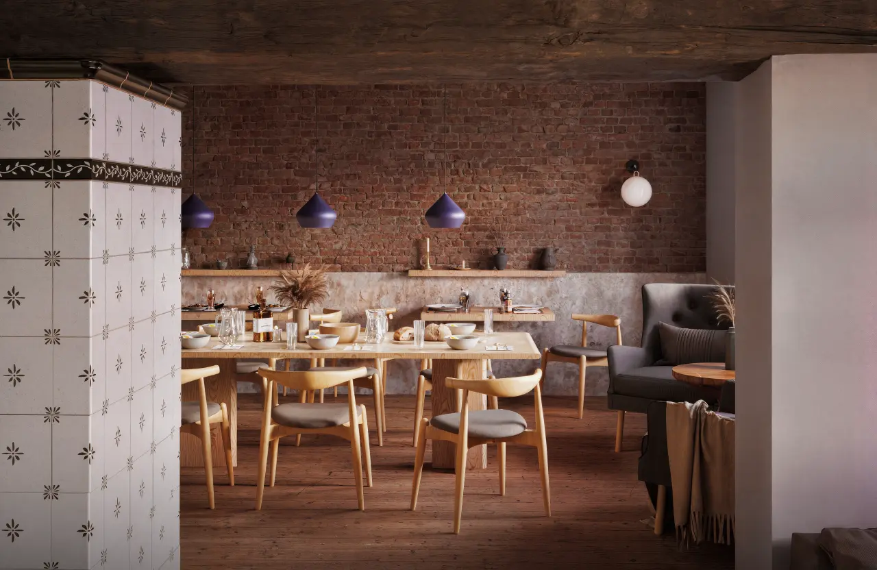 Render of the dining room, with a tiled stove, exposed brick wall, long timber table and pendant lamps.