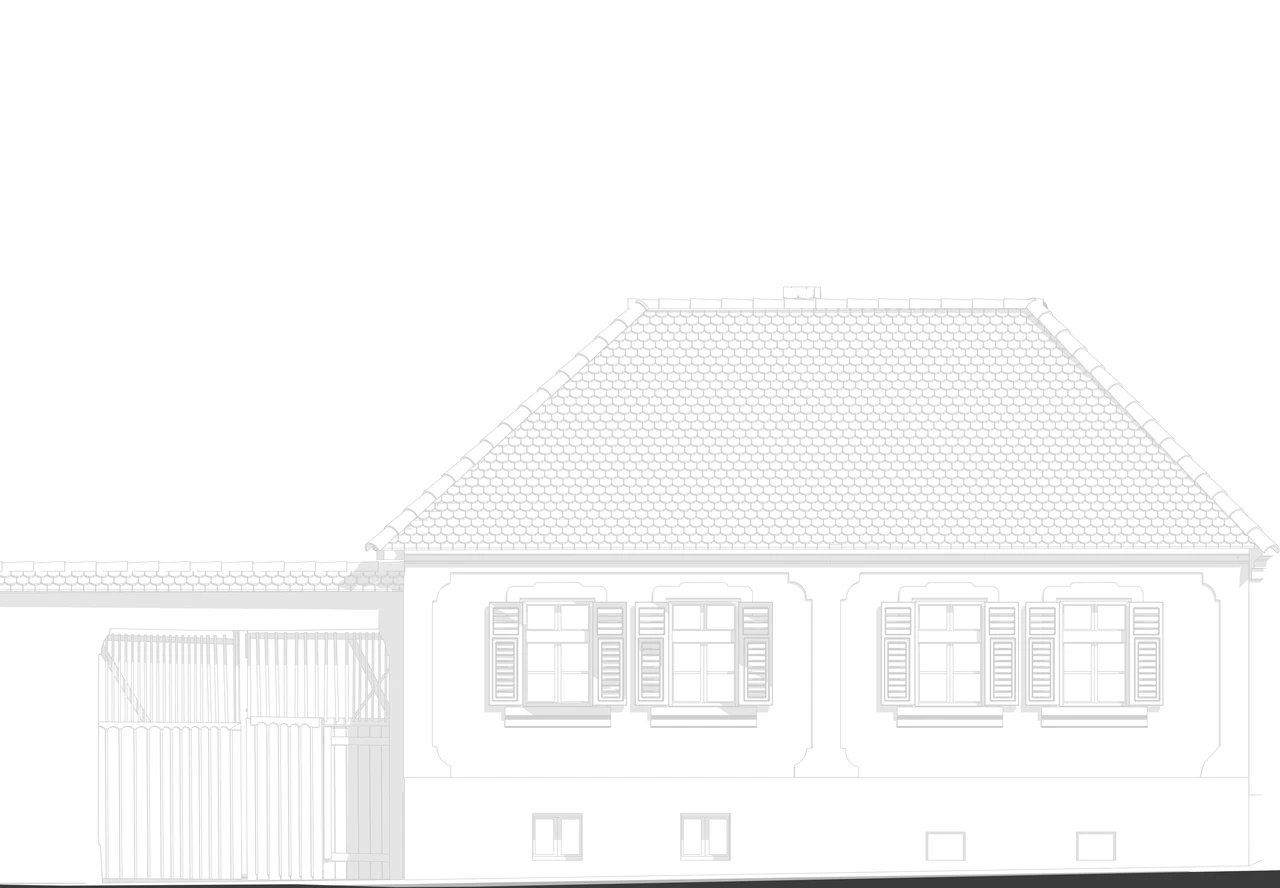 South elevation of the house: a hipped pantile roof, four windows with shutters and moulded surrounds, and a plinth with basement windows.