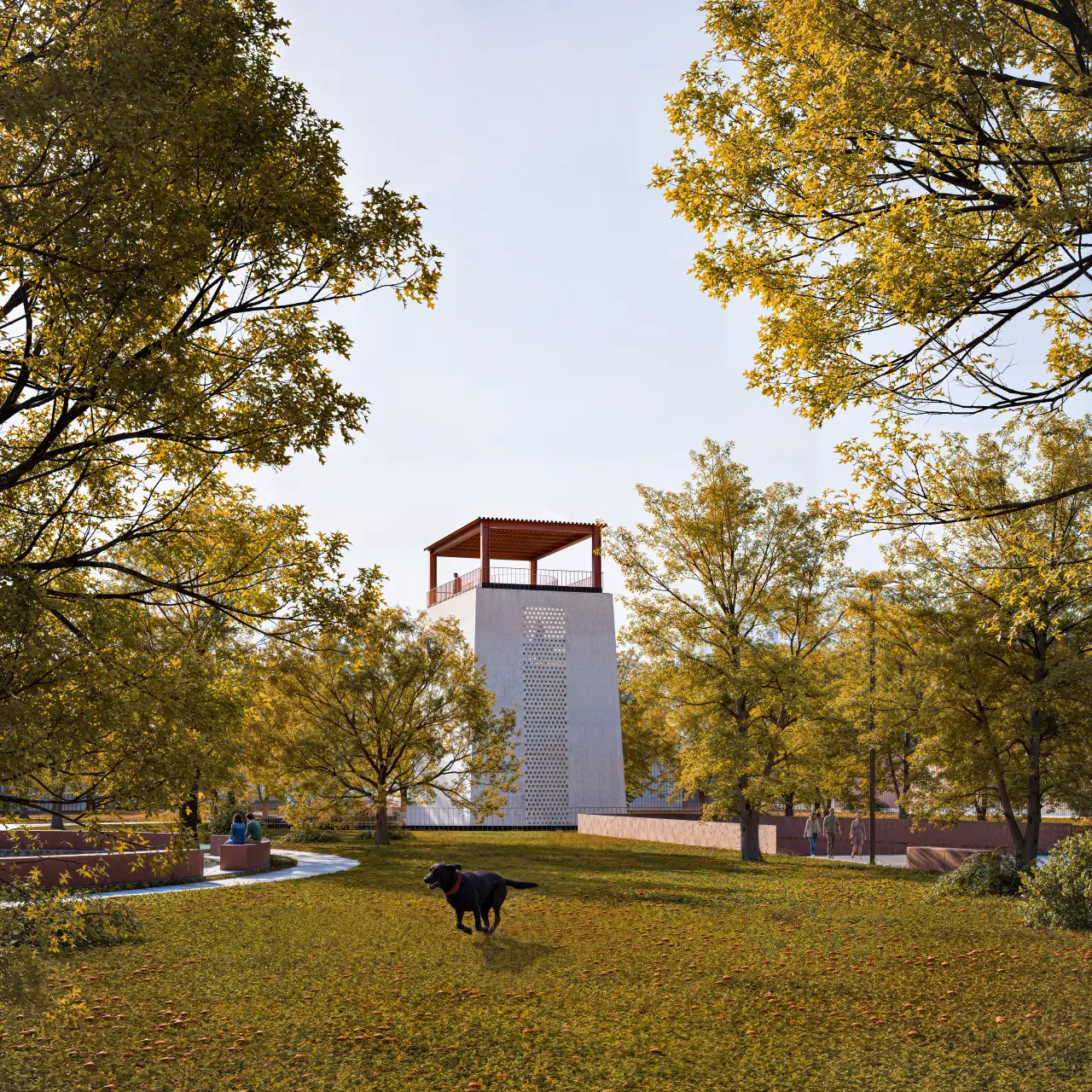 Vedere de ansamblu a turnului în parc, de peste o pajiște cu arbori, cu zidul scund de incintă în plan secund