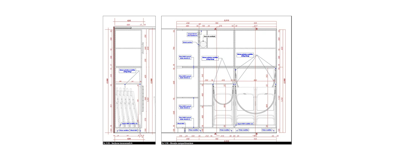 Sections, pink furniture execution details