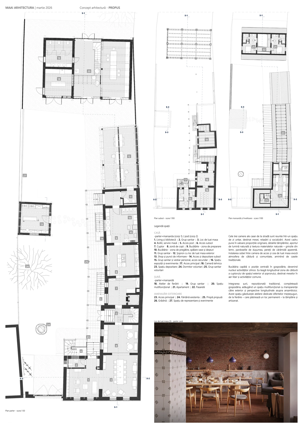 Board “Proposed”: ground-floor, basement and attic plans with the schedule of spaces for the house, barn and external works.