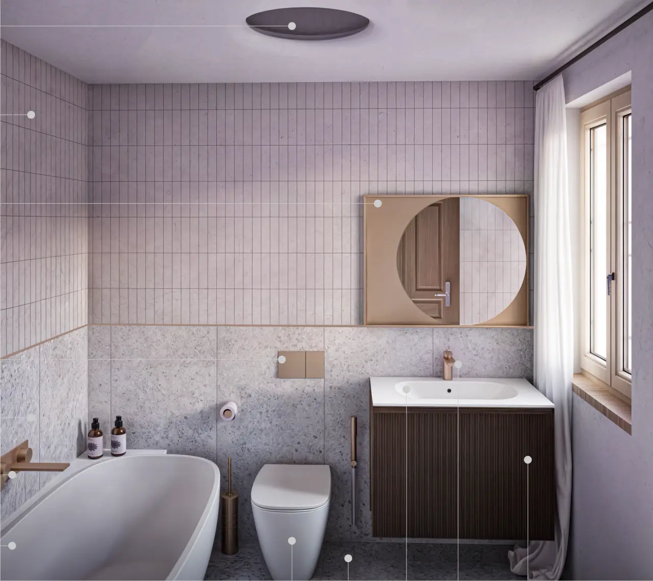 Vedere a băii din zona de zi: cadă ovală liberă, vas de toaletă suspendat, lavoar pe mobilier canelat închis la culoare, oglindă dreptunghiulară cu ramă aurie și faianță în tonuri reci, cu fereastră la dreapta.