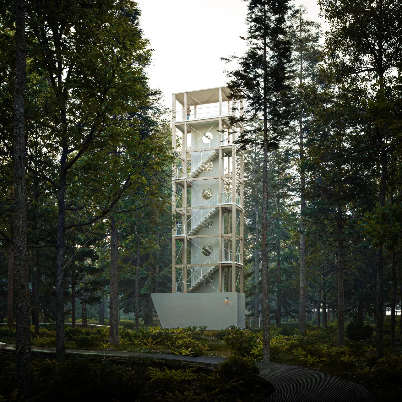 Exterior visualisation of the tower in the forest, with its zigzag external stair and the open platform at the top level.