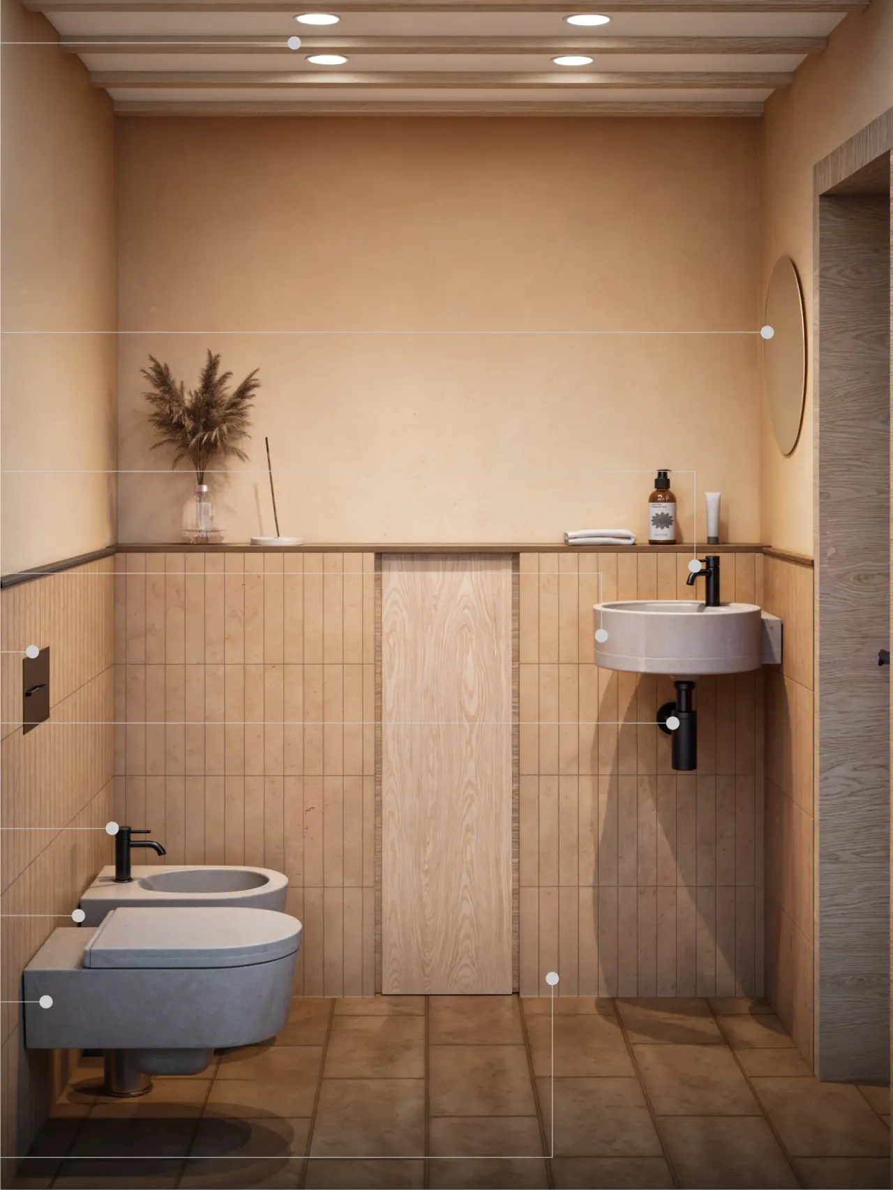 Vedere a zonei sanitare din baia principală: vas de toaletă și bideu suspendate, lavoar rotund pe consolă, baterii negre, lambriu de faianță, panou de lemn pe peretele din fund și pardoseală de cotto.