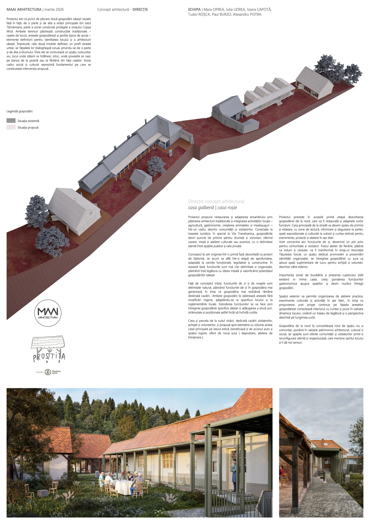 Board “Architectural directions”: an axonometric of the ensemble showing existing and proposed, the concept text and two renders.