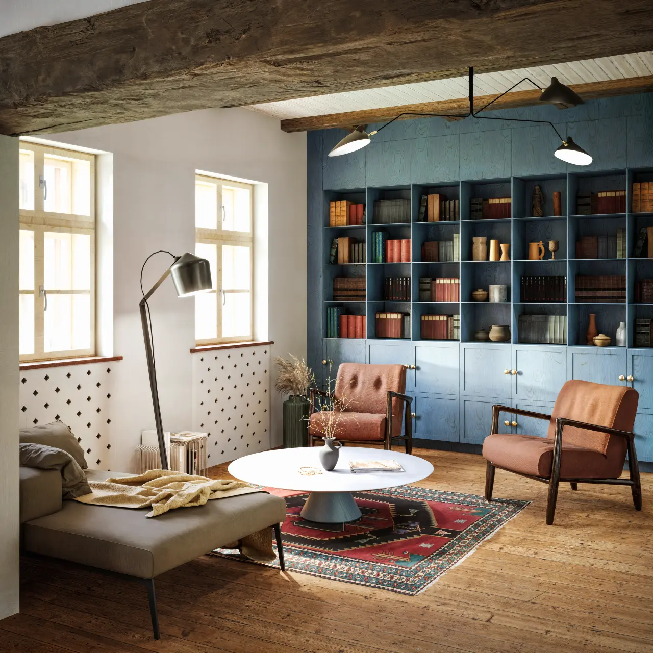 Render of the sitting room, with an exposed timber beam, a full-height blue bookcase, armchairs and a plank floor.
