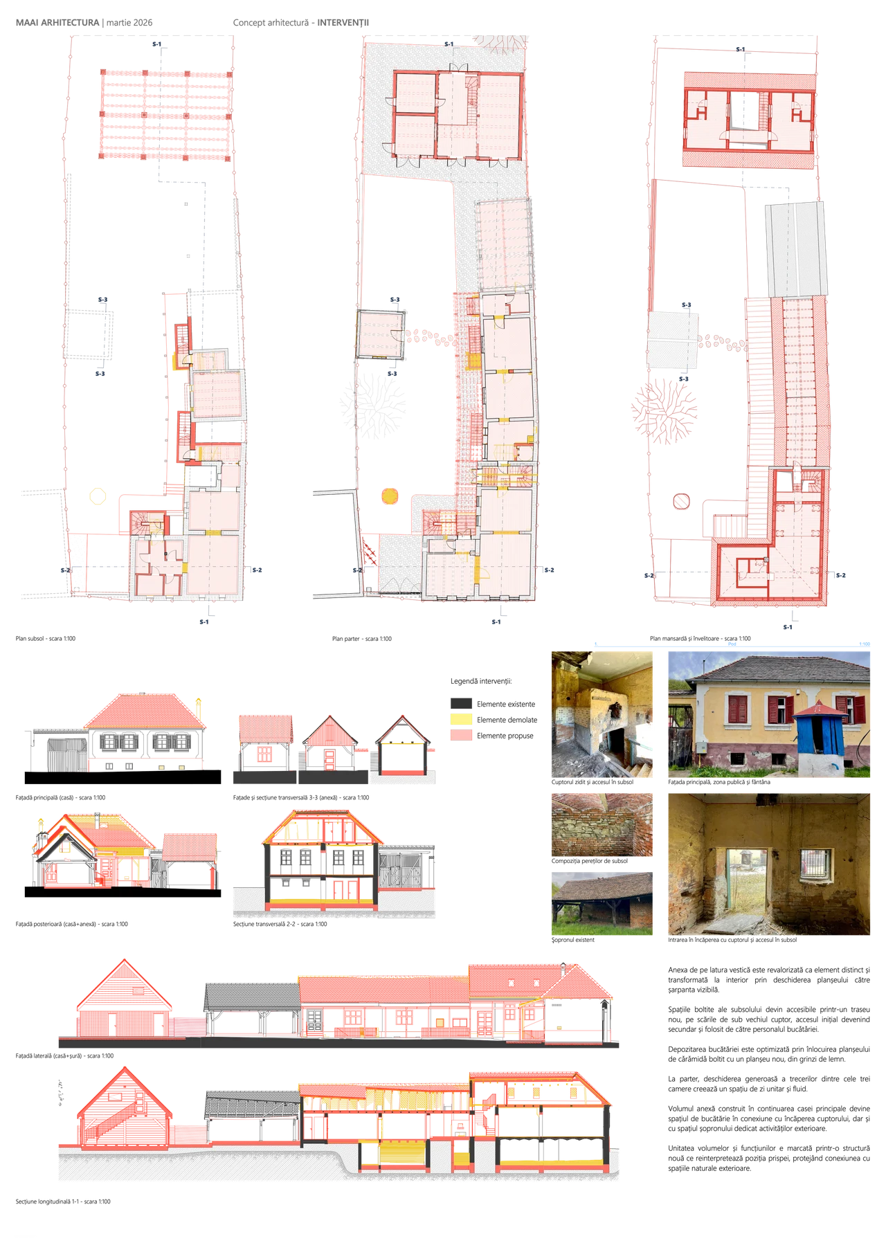 Board “Interventions”: plans, elevations and sections with the legend of existing, demolished and proposed elements, alongside photographs of the existing condition.