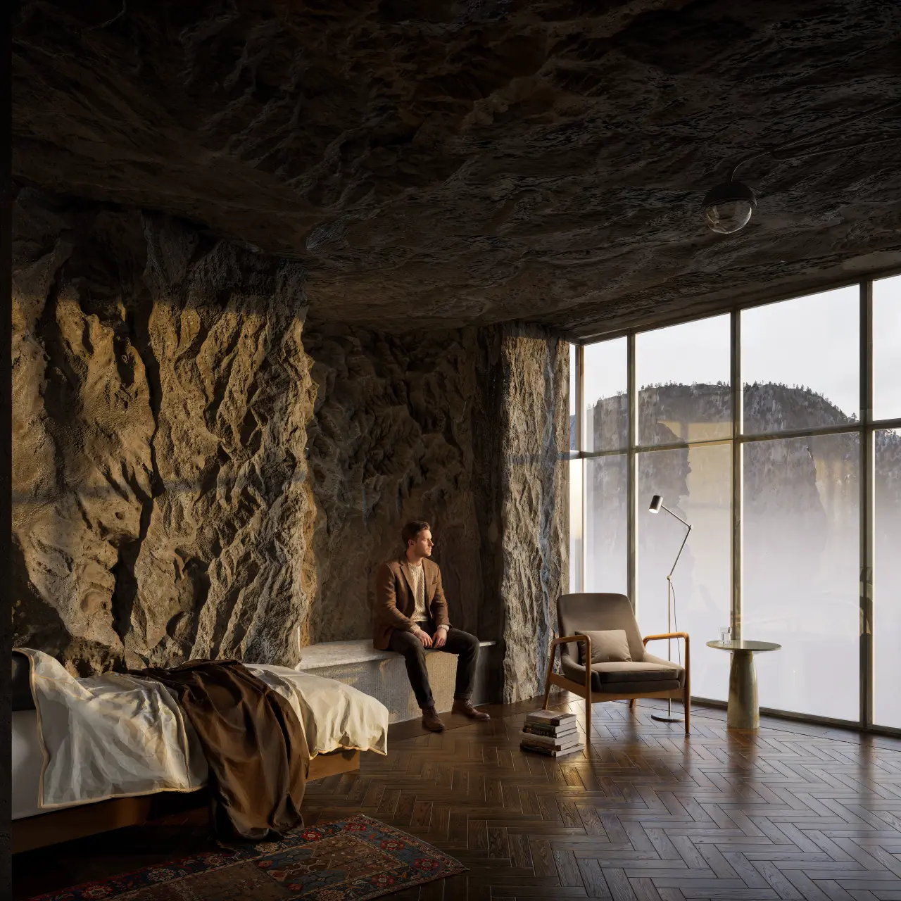 An interior cut into rock, with a glazed wall onto the landscape and timber furniture.