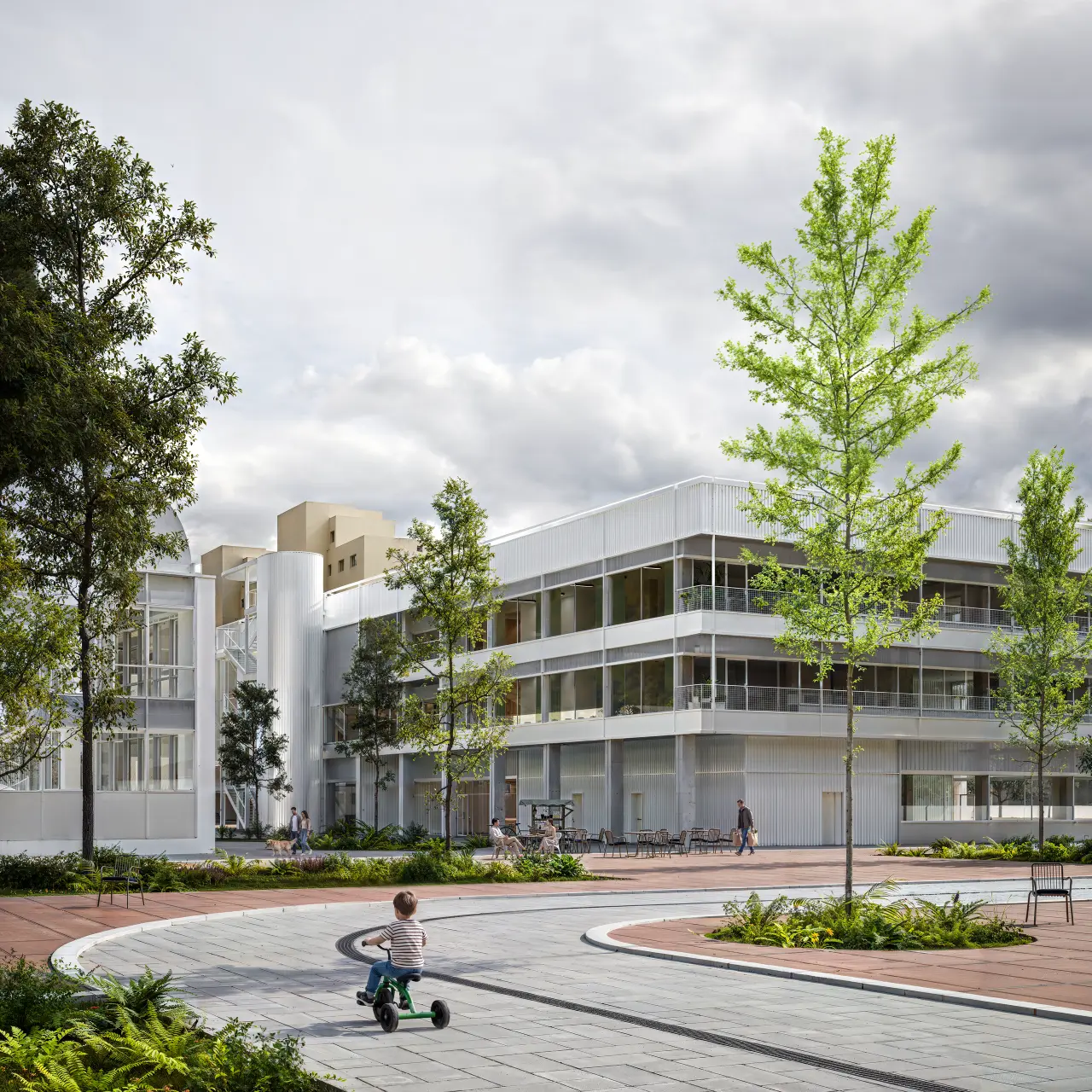 Exterior visualisation of the three-storey building with its continuous balconies, seen from the paved square with its young trees.