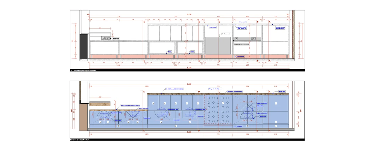 View and section, blue furniture execution details
