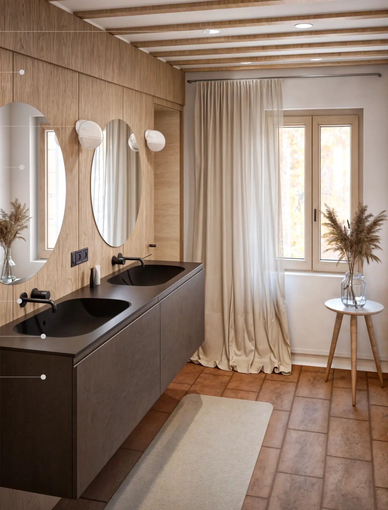 View of the washbasin area in the master bathroom: a dark wall-hung counter with two inset basins, black wall taps, two oval mirrors on timber panelling, a full-length curtain at the window and a cotto floor.